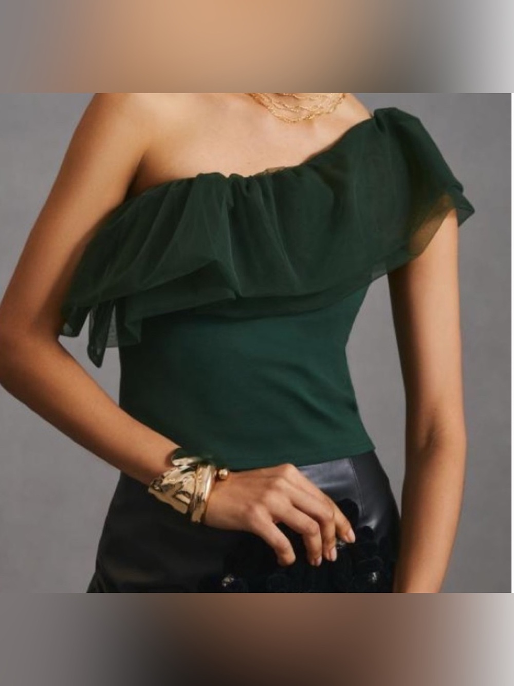 Anthropology Sunday in Brooklyn Deep Green Off-Shoulder Ruffle Camisole